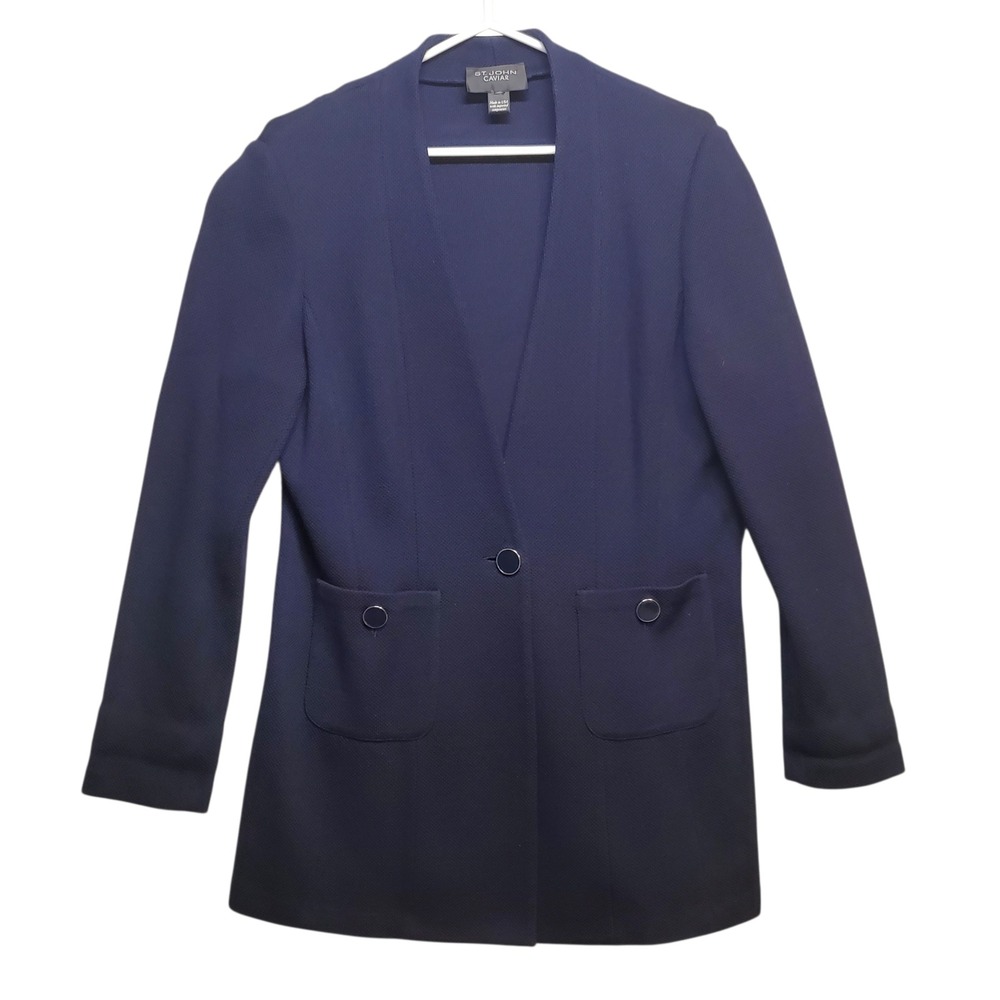ST JOHN CAVIAR Navy Blue Wool Rayon Knit Blazer Jacket Womens Size 8 USA Made